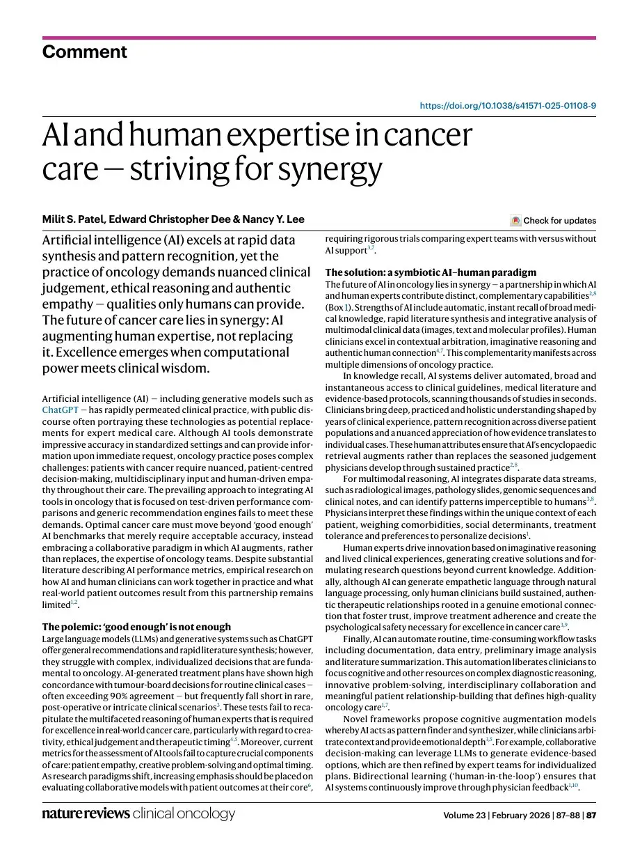 First page of “AI and human expertise in cancer care — striving for synergy”